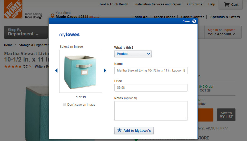 Save Product to MyLowe's