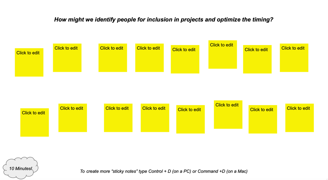 Google Slide with a question: How might we identify people for inclusion in projects and optimize the timing? Below the question are several blank sticky notes, ready to be populated by employees.